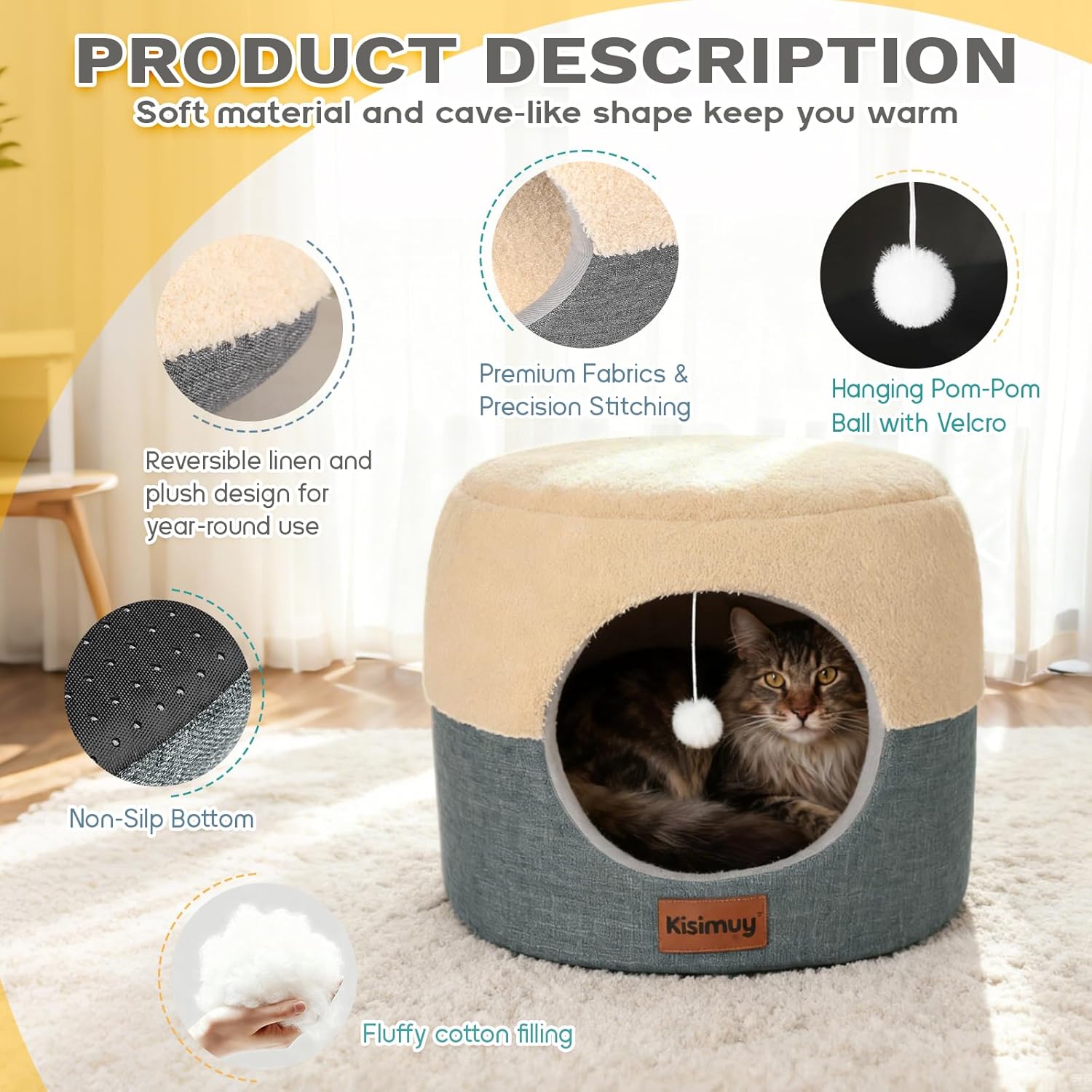 Cat Bed for Indoor Cats, 2-in-1 Convertible Cat Cave & Lounge Bed with Reversible Plush Cushion, Foldable Anti-Slip Cat House - Calming Cozy Hideaway for Kittens&Small Cats with Anxiety Relief, 15.7in