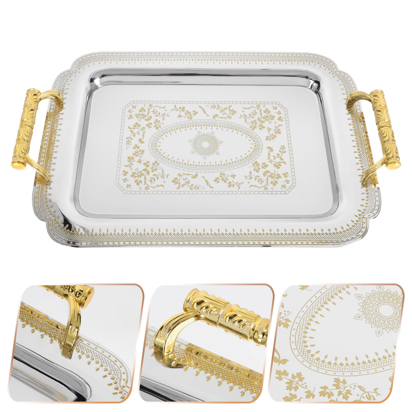 Bandeja de Servir Europea Vintage Dorada de Acero Inoxidable | Buffet y Eventos, Reutilizable y Fácil de Limpiar, No se Deforma Rompe