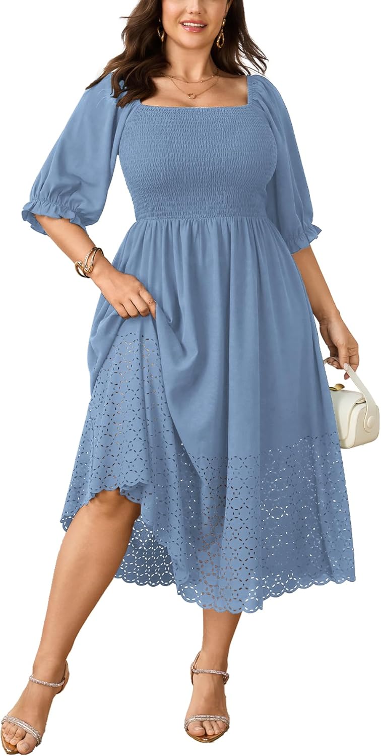 SCOMCHIC Women's Plus Size Maxi Dress Short Sleeve Square Neck Hollow Out Smocked Flowy A-Line Boho Wedding Guest Dresses
