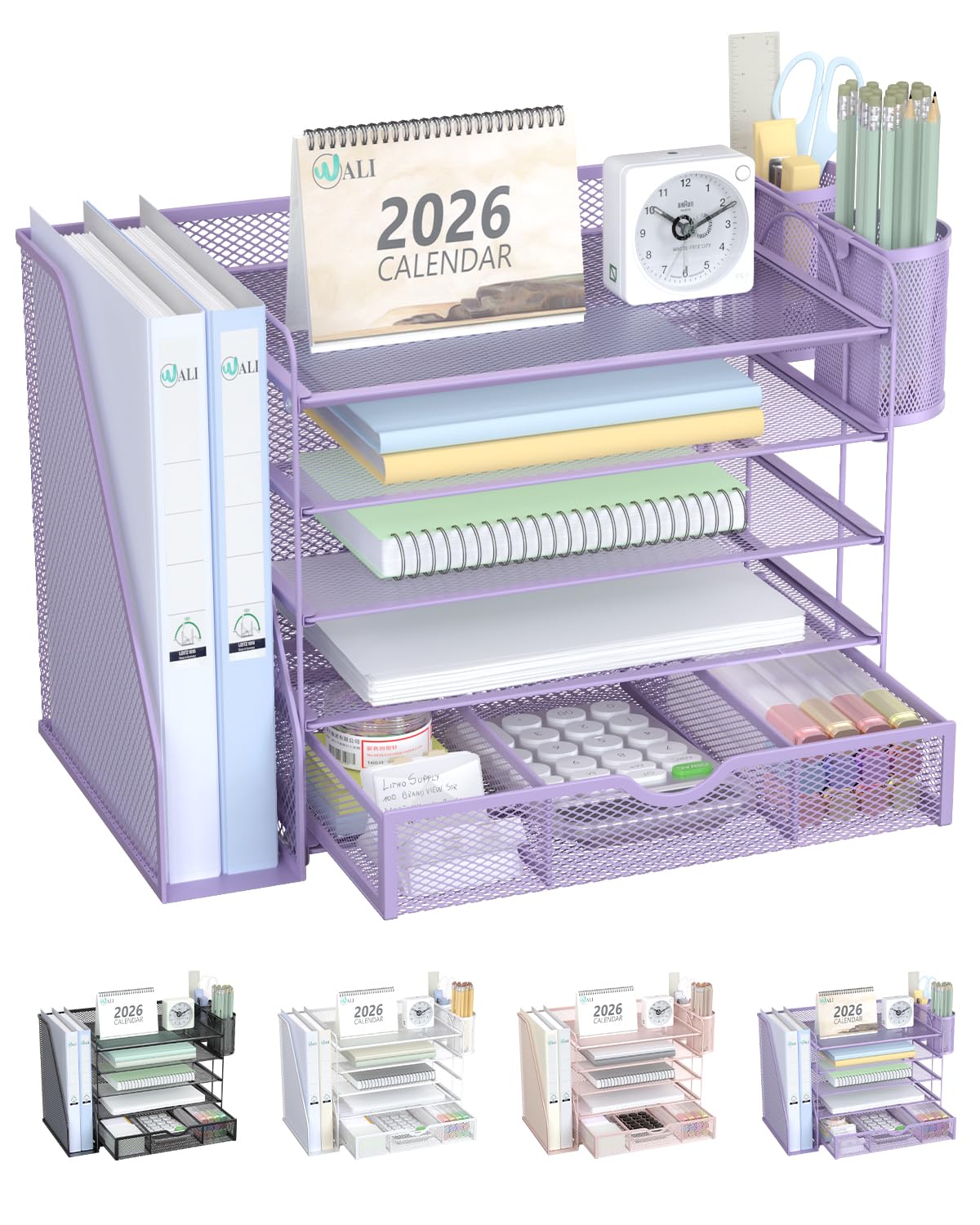 WALI Desk File Organizer, 5 Tier Desktop Paper Letter Tray Organizer with Drawer and 2 Pen Holders, Office Desk Accessories &amp; Workspace Organizers for Office, Home Supplies(DO006DH-V), 1 Pack, Purple