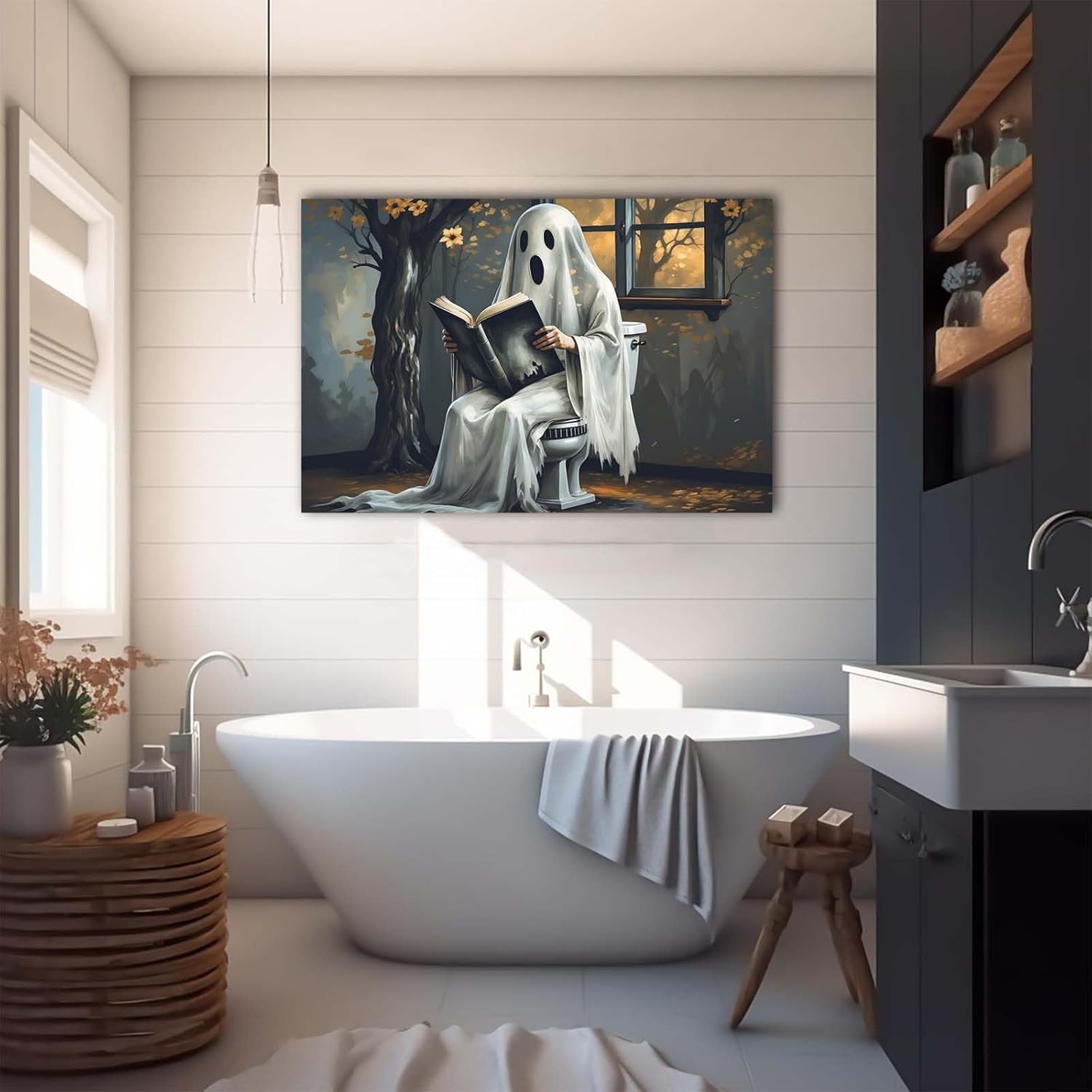 Ghost Black Cat in Antique Bathtub Canvas Art Steampunk Halloween Decor with Roses Cracked Floor Mystical Vines Gothic Wall Art for Haunted House Bedroom Living Room 24x36in Wood Framed a