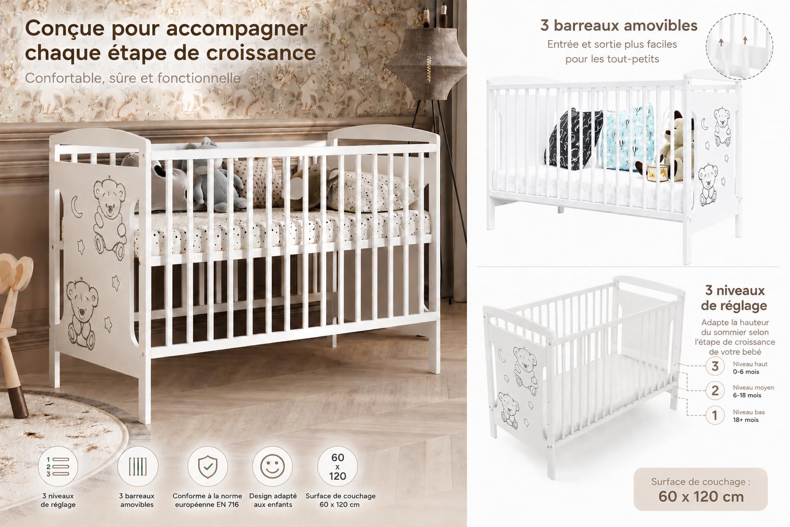 Générique Lit bébé Ted avec Matelas 120x60x6 cm