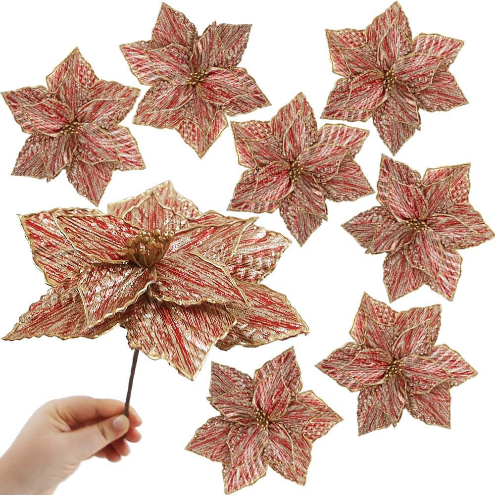 人工ポインセチアクリスマスフラワー、レッドとゴールドのメタリック、グリッターアクセント付き大型装飾ホリデーピック(8)