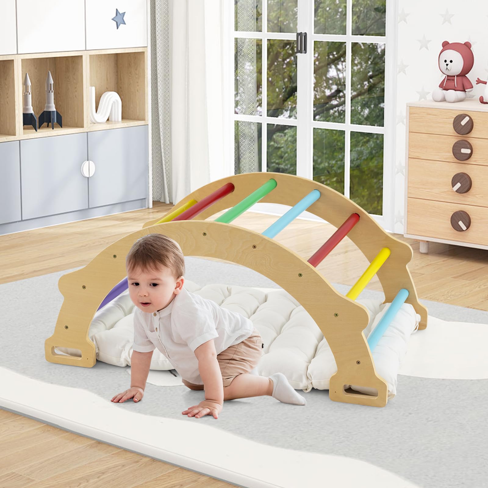GOPLUS 2 en 1 Arco de Escalada Infantil de Madera, Basculante Con Cojín Suave, Montessori de Juego de Equilibrio de Entrenamiento, Carga 50 kg, Para 1 Año+ (Colorido)