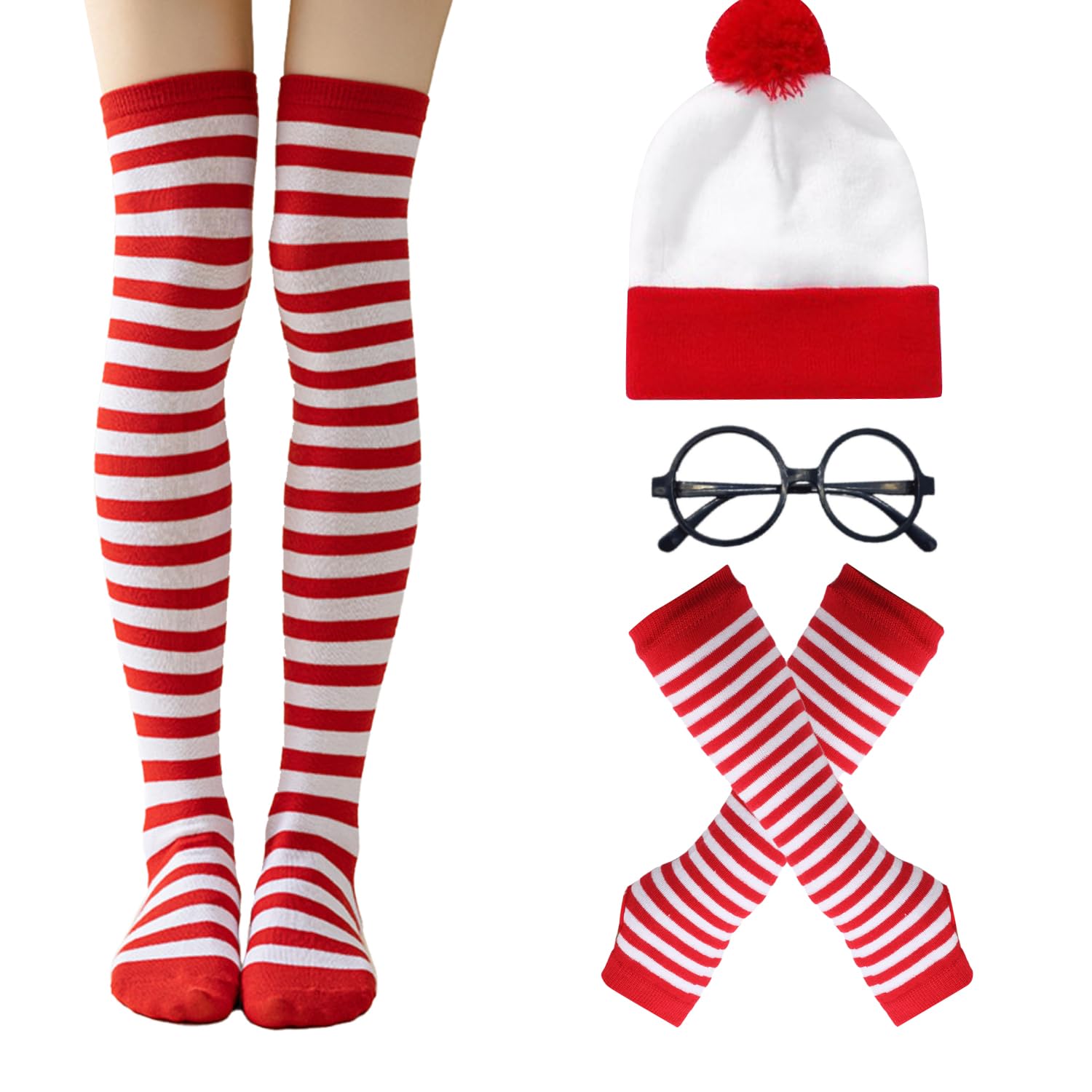 MEISH 4pcs Wally Costume Set Beanie Hat Glasses Red White Striped Stocking Gloves Striped Knee High Socks Cosplay Costume for Adult Halloween Party
