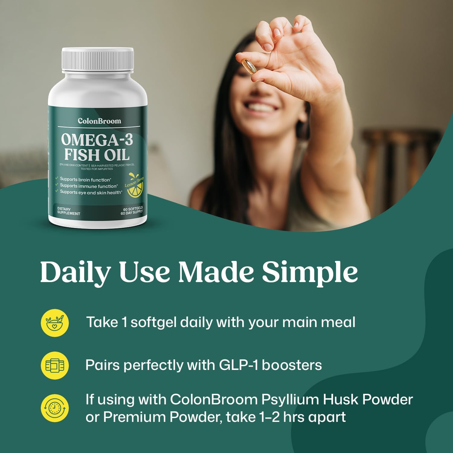 ColonBroom Omega 3 Fish Oil 2640 mg Softgels | Lemon Flavor | Daily Fish Oil Omega-3 Supplement for Women & Men with EPA & DHA | Gluten-Free, Non-GMO, Natural (120 Softgels, 4 Month Supply)