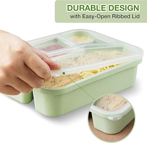 Miniatura 5 de Hlukana 4 Pack Bento Lunch Box, 4 Compartment Wheat Straw Meal Prep Containers for KidsToddleAdults, BPA Free Reusable Food Storage Containers,