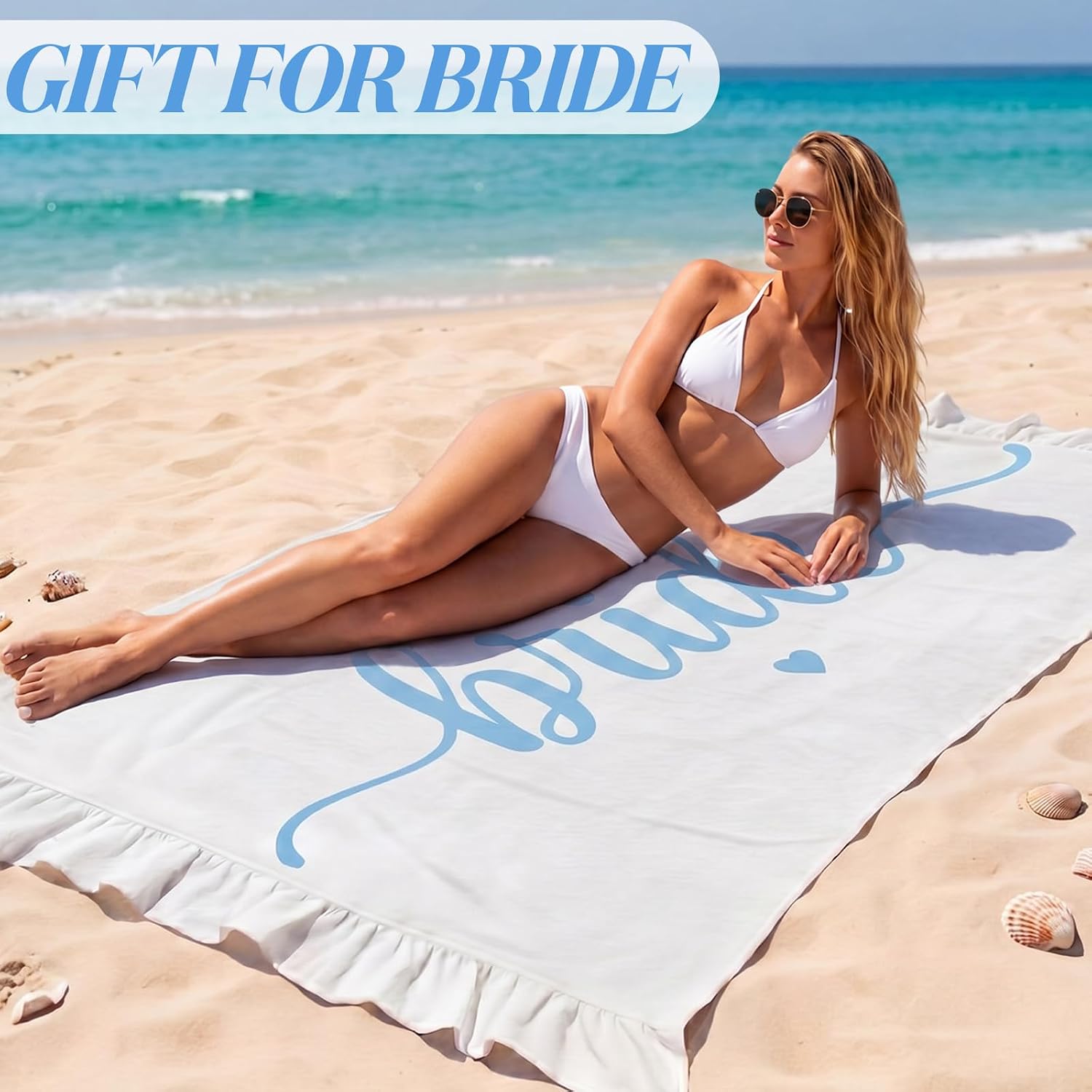 Gilprop 67"x41" Bride Beach Towel to Be Bride Ruffled Beach Towel Blue White Quick Dry Sand Free Blanket Bridal Shower Gift Bridesmaid Favors for Wedding Honeymoon Engagement Bachelorette Party