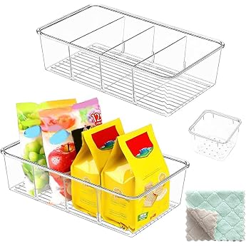 CECOMBINE 3-piece refrigerator organizer with 4 compartments kitchen stackable storage box food storage box with rags for tea bags snacks spices