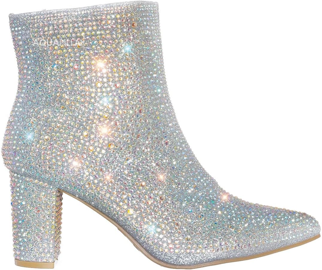 Women Rhinestone Block Chunky Heel Ankle Bootie Iceberg 12 By Forever shoes Silver 11 - Image 5