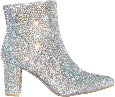 FOREVER Women Rhinestone Block Chunky Heel Ankle Bootie Iceberg 12 By Forever shoes Silver 7