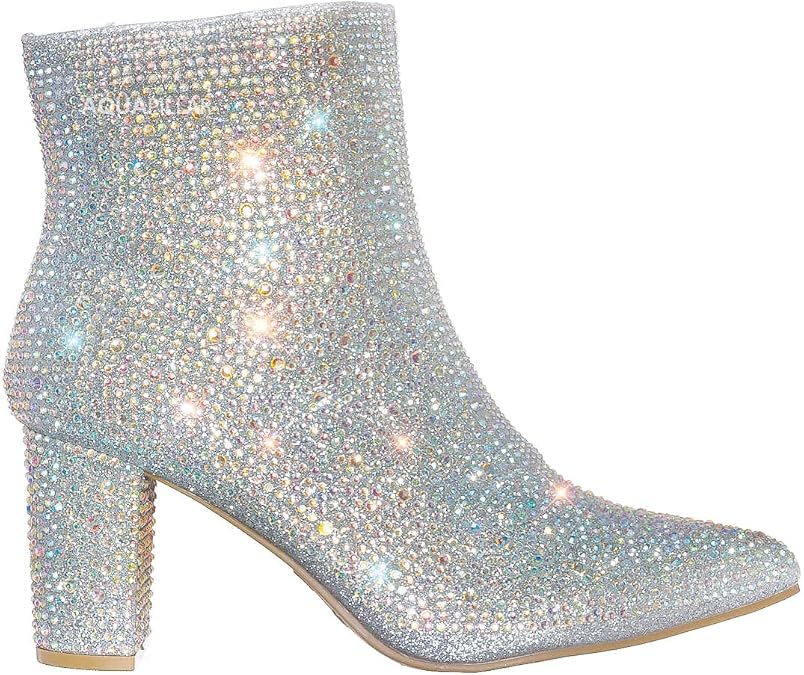 FOREVER Women Rhinestone Block Chunky Heel Ankle Bootie Iceberg 12 By Forever shoes Silver 7