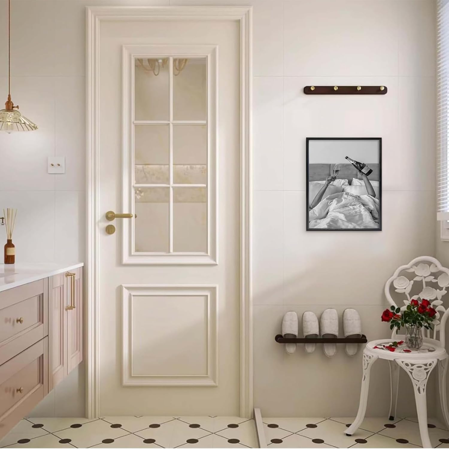 KBKBART Woman Drinking Wine in Bed Framed Wall Art, 12x16in Black and White Bedroom Canvas Art, Trendy College Room Wall Decor For Living Room