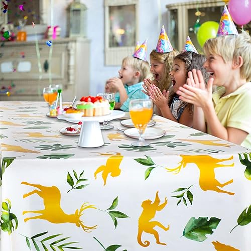 Miniatura 7 de Tudomro 3 manteles de safari de la selva, cubierta de mesa de animales de la selva, mantel de hojas de palma para niños, fiesta temática de safari,