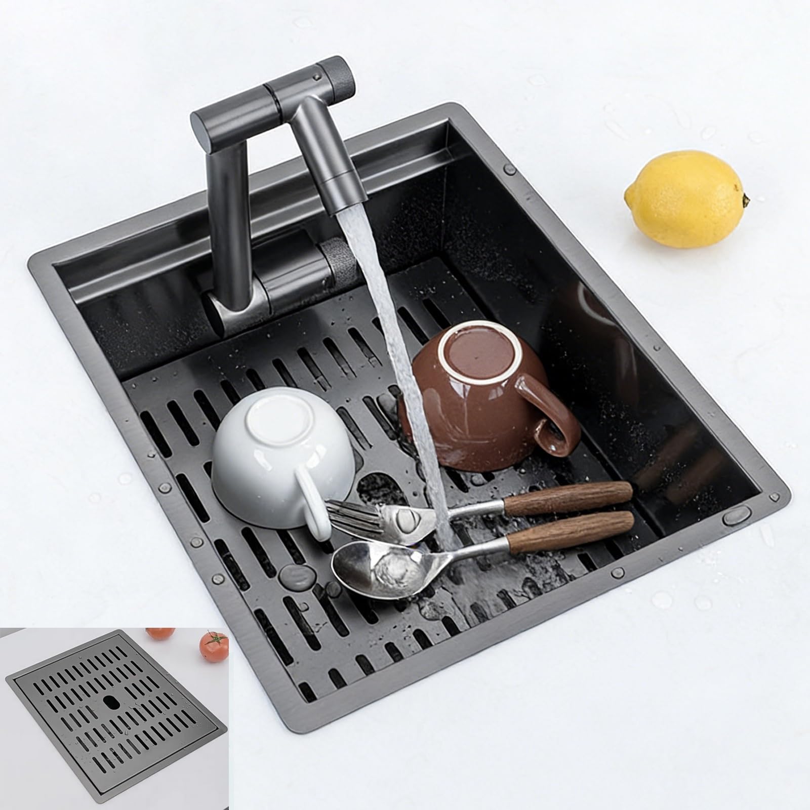 Fregadero para Furgoneta Camper con Grifo de Agua Fría y Caliente, Fregadero de Acero Inoxidable con Tapa, Lavabo para Caravana, Barco, Bar o Espacios Reducidos(Black)