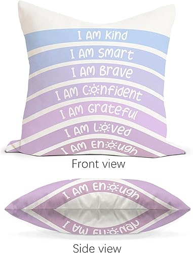 Miniatura 6 de Rusenbao Fundas de almohada color morado arcoíris para aula de 18 x 18 pulgadas, esquina de rincón de lectura para niños, con texto en inglés "I am
