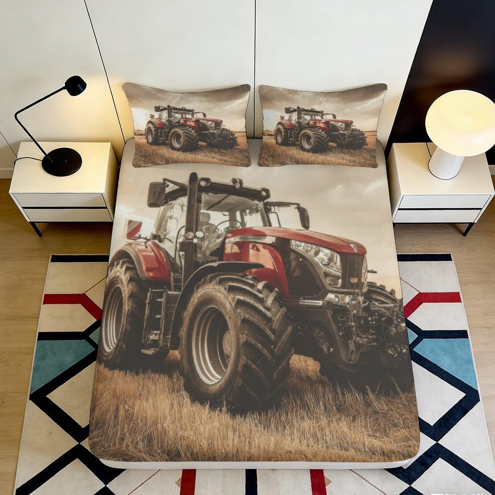 3D Printed Red Tractor Fitted Sheet Microfiber Non Slip Farm Field Bed Cover for Bedroom Dorm Mattress Protector 90x200x25cm