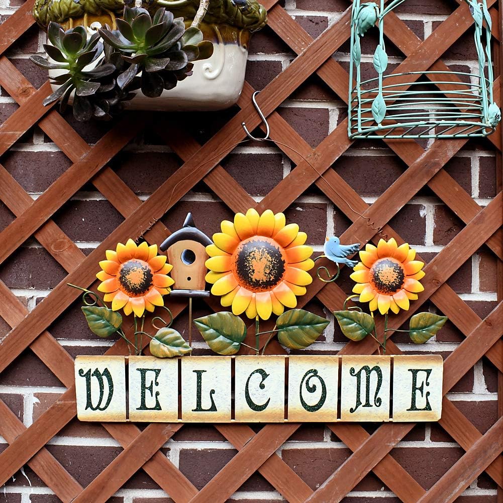 Metal Sunflower Welcome Sign Hanging Wall Art Door Decor for Indoor Outdoor Garden Wall Art