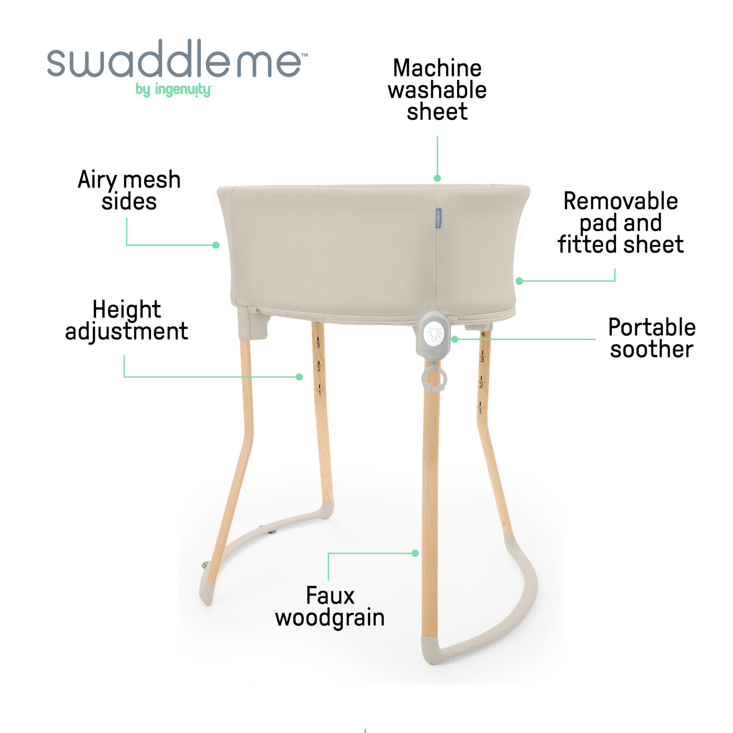 Ingenuity Right Height Verstellbarer Stubenwagen mit beruhigenden Klängen und Lichtern – 4 Höhenpositionen, für nach dem Kaiserschnitt geeignet, Netzseiten, tragbares Design