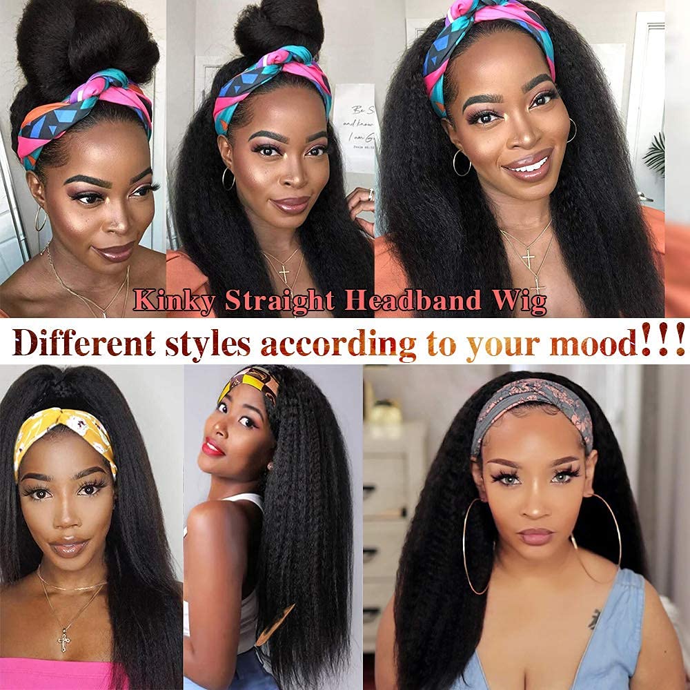Perücke Mit Stirnband Headband Wigs for Black Women Kinky Straight Headband Wig Human Hair Wigs Brazilian Virgin Hair Glueless Wig Wear and Go Headband Wig 180% Density Yaki Human Hair Wig 14 Inch