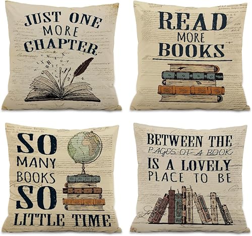 Juego de 4 fundas de almohada vintage con temática de libro de 18 x 18 pulgadas, decoración acogedora de esquina de lectura para aula, biblioteca,