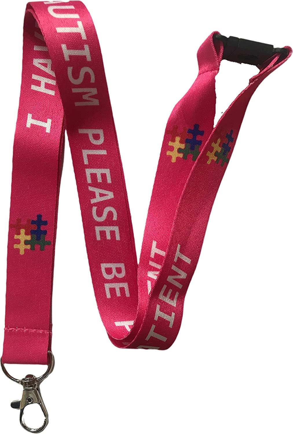 PAC Supplies Global Children's Size Autism Awareness - I Have Autism Please Be Patient i Have Autism - Neck Lanyard with Safety Break Away (Pink)