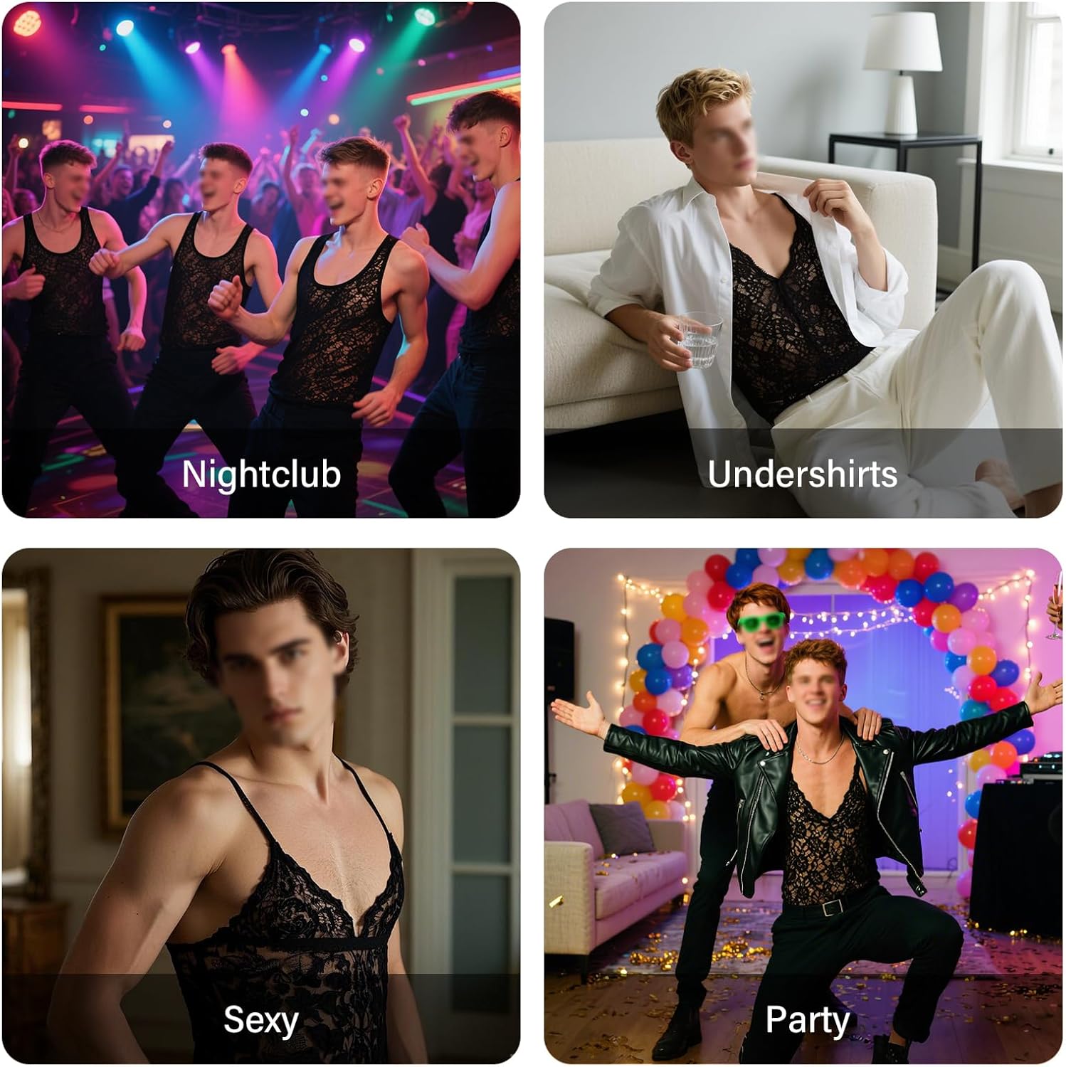 Mens Lace Thank Tops See Through Floral Printed Tops Sexy Sleeveless T-Shirt - Image 5