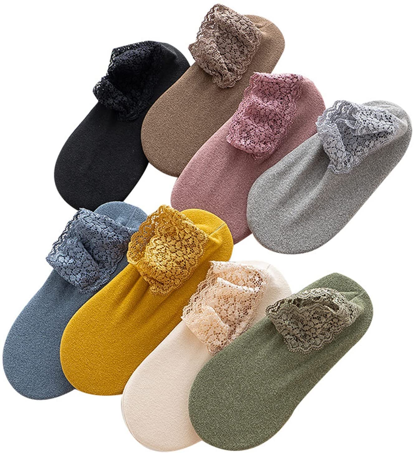 YMQQWomen's 8 Pairs Non Slip Low Cut Cotton Liner No Show Lace Socks, One Size, Chroma, Solid, Modern, Reinforced Toe, Breathable, Running Socks