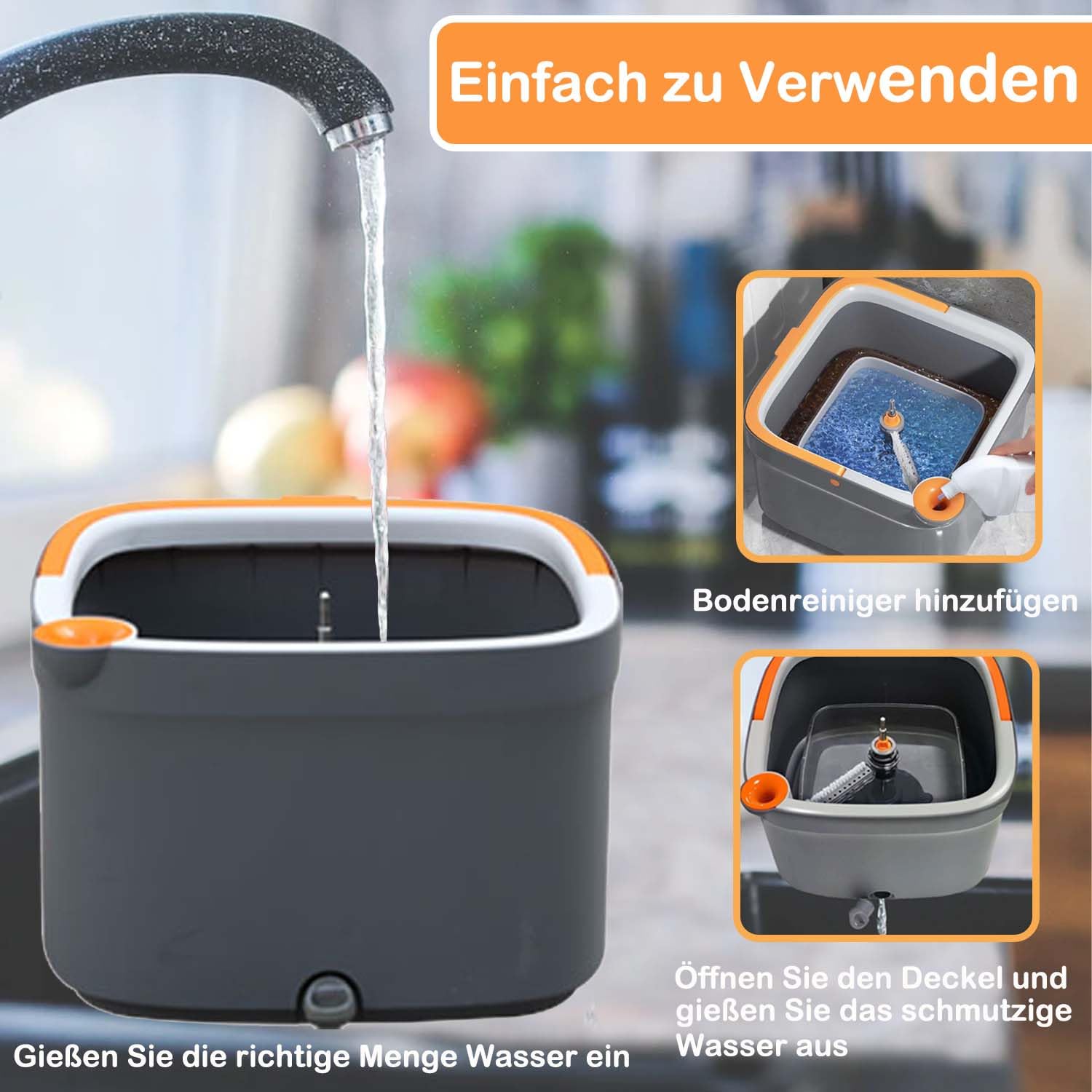 Bodenwischer Wischmopp Set Spin Mopp und Eimer Set mit 6 Mikrofaser-Mopppads mit Selbsttrennendem Schmutz und Frischwassersystem Selbstauswringendem um 360°Drehbarem Quadratischem Moppkopf