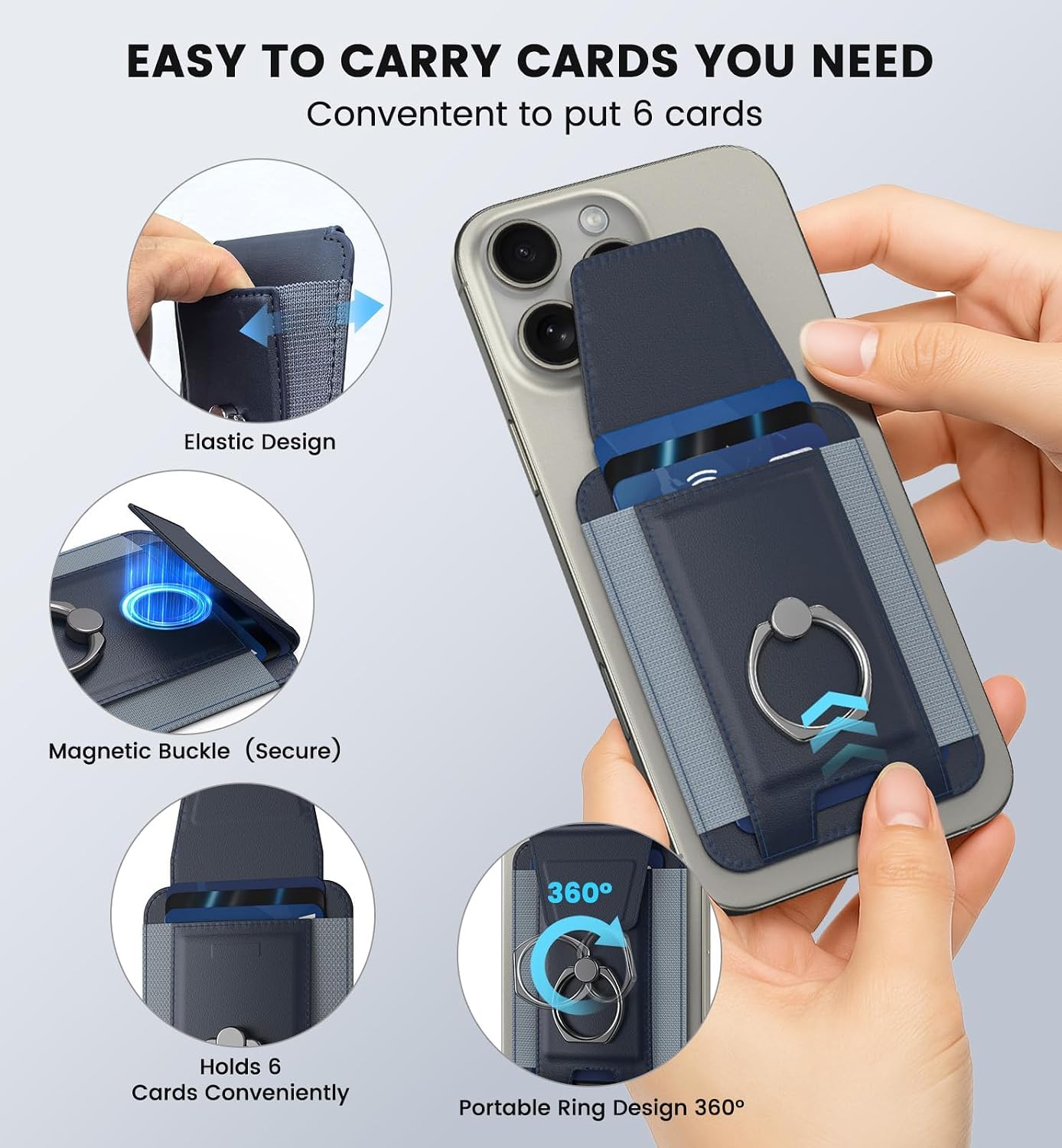 for Mag-Safe Wallet with Adjustable 360° Ring – Magnetic Wallet for iPhone, RFID Blocking Privacy Flap Leather Phone Case with 6-Card Holder for iPhone-17/16/15/14/13/12 Series Dark Blue