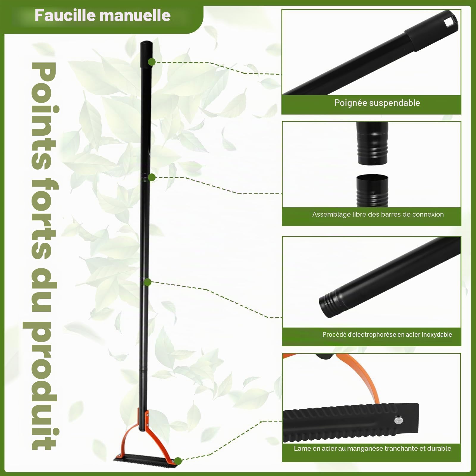 Fouet à gazon avec lame dentelée à double tranchant en acier - Coupe-herbe manuel avec poignée de 76,2 cm - Outil manuel pour couper les mauvaises herbes dans les tranchées de jardin