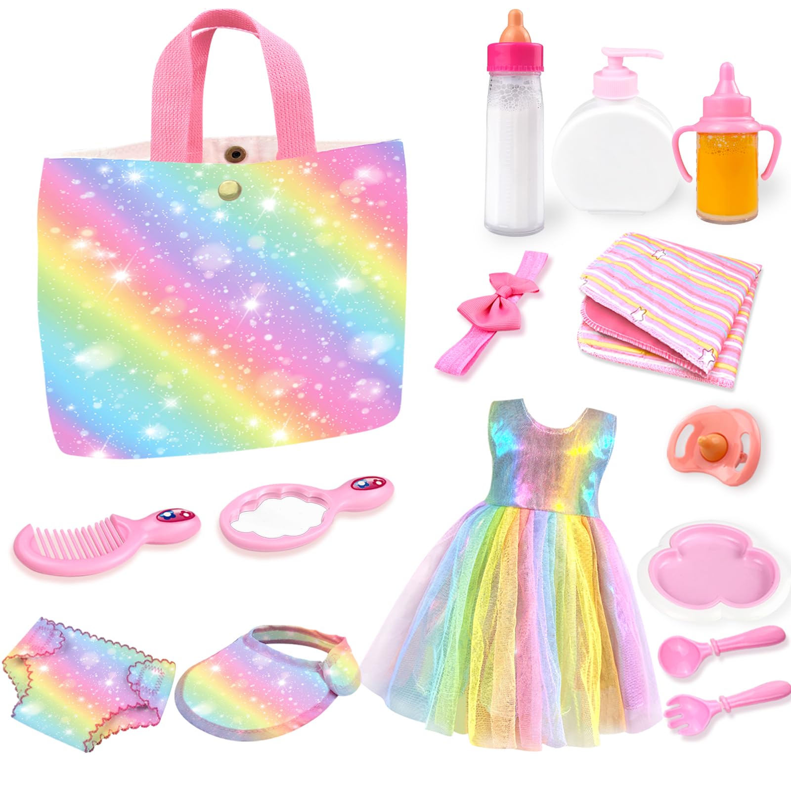 ZEIZHUBN 15 Pack Baby Doll Accessories, Feeding and Caring Set With Diaper Bag, Bottles, Doll Diaper and Changing Mat, Baby Doll Stuff Clothes for Girls, Pretend Play Set Gifts for Kids Toddler