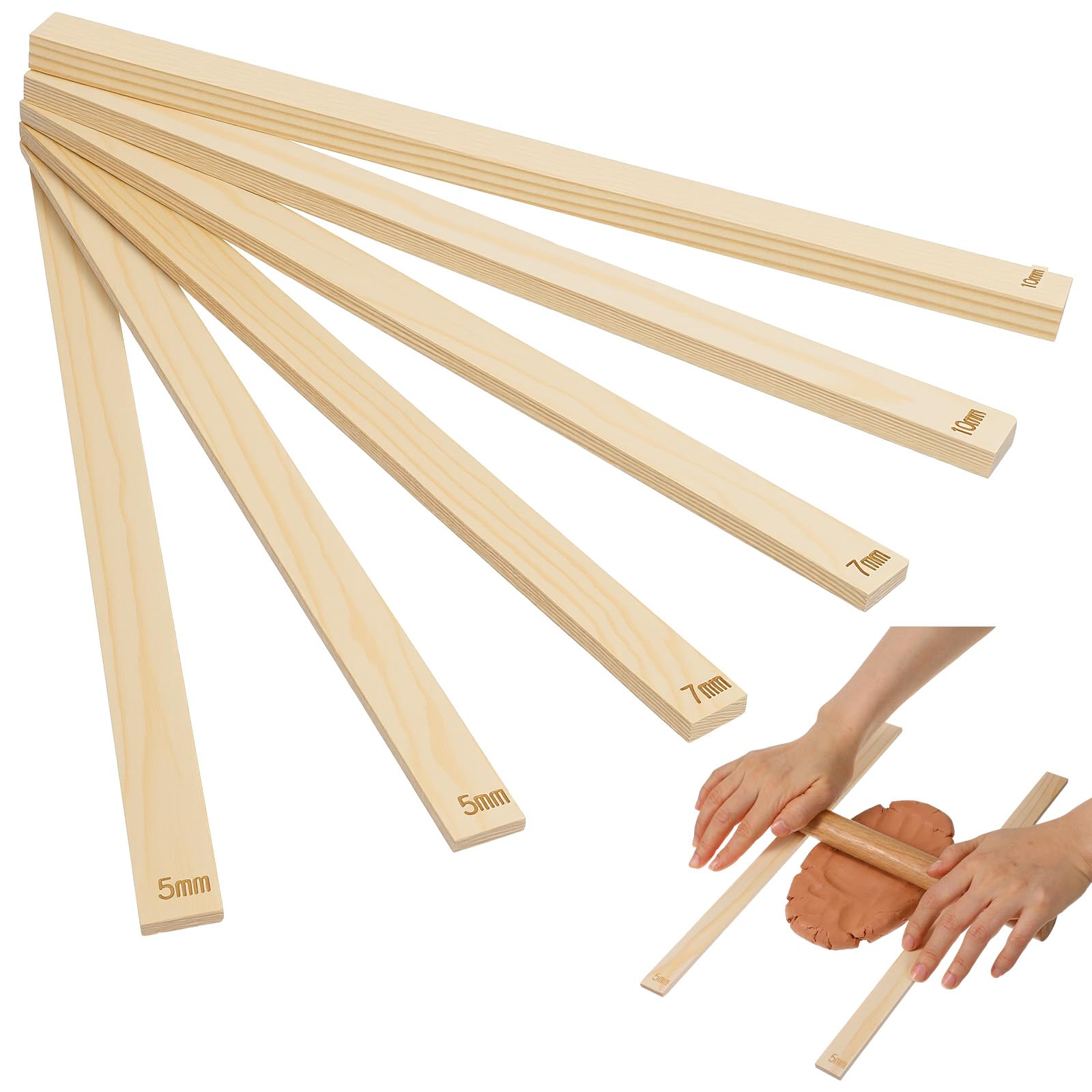 Classicseali 6 Stück Holz Teighölzer, Rolling Pin Guides, 5/7/10 mm | 34×2cm Abstandshalter Backen, Holzplatten Töpferwerkzeug für Töpferstudios und Heimwerker, 3 Größen