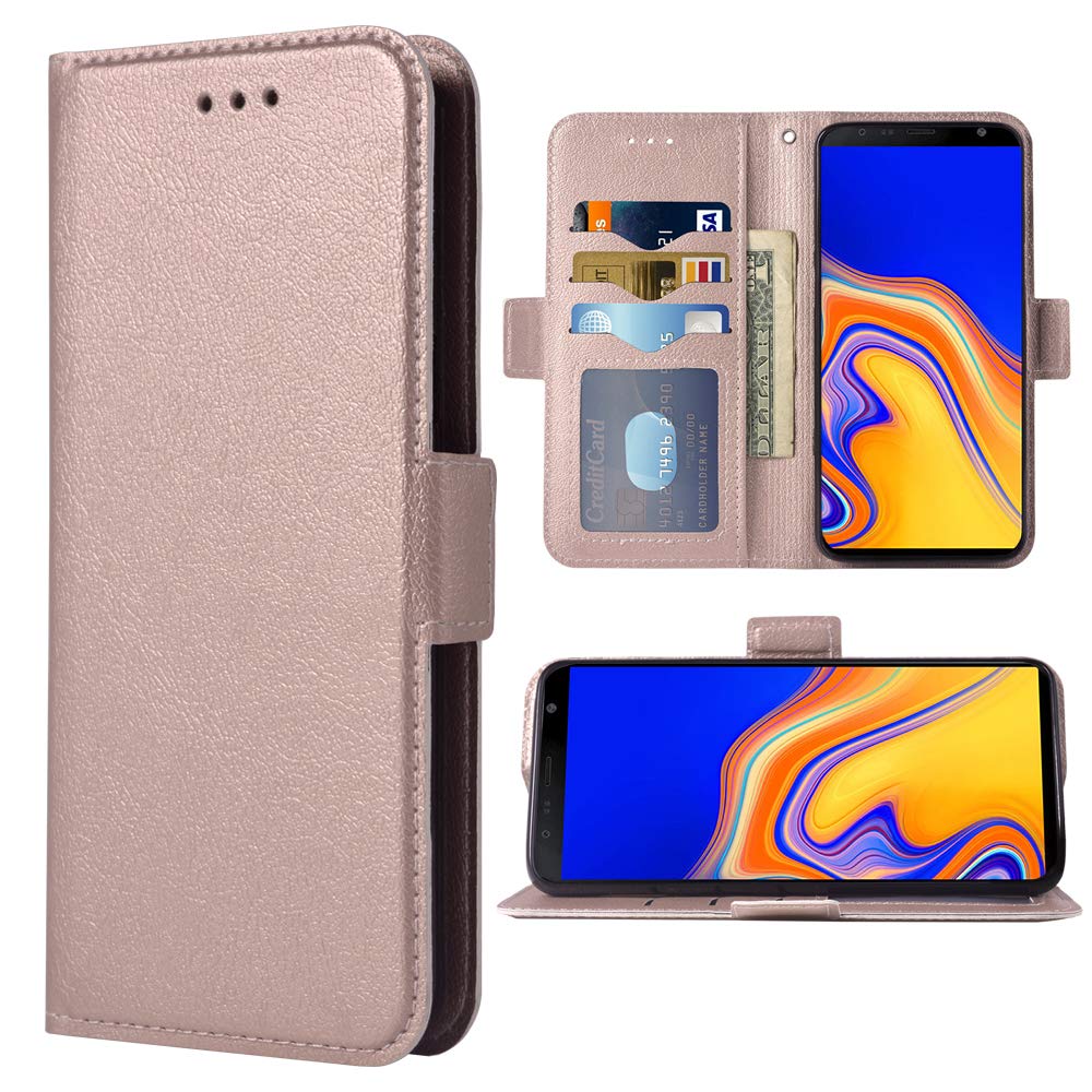 Compatible with Samsung Galaxy J4 Plus Flip Wallet Wrist Strap Lanyard Credit Card Holder Slots Heavy Duty Protection Kickstand Cover Phone Case for Glaxay J4 Prime Gaxaly J4 Core J4+ 2018 Rose Gold