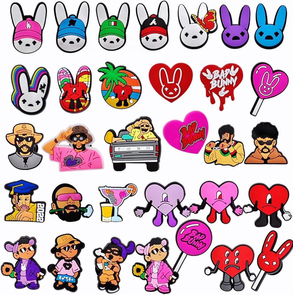 32PCS Bad Bunny Shoe Charms Decoration for Clog Sandals, Cartoon Bad Bunny Croc Charms Accessories for Girls Boys Kids Teens Men Women Party Favor