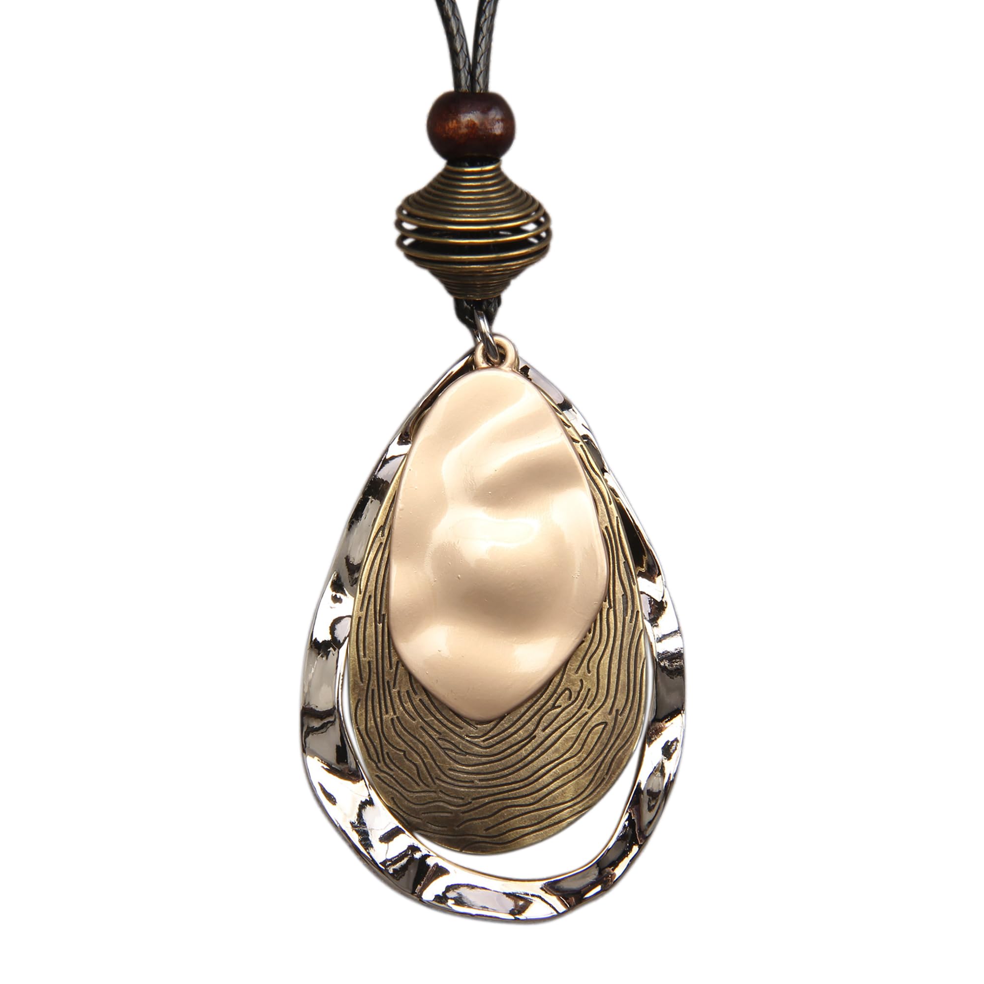 PopeoiuhLeather Necklace for Women Multilayer Alloy Teardrop Pendant Leather Sweater Necklaces Jewelry Boho Choker Necklace with Long Black Leather Cord