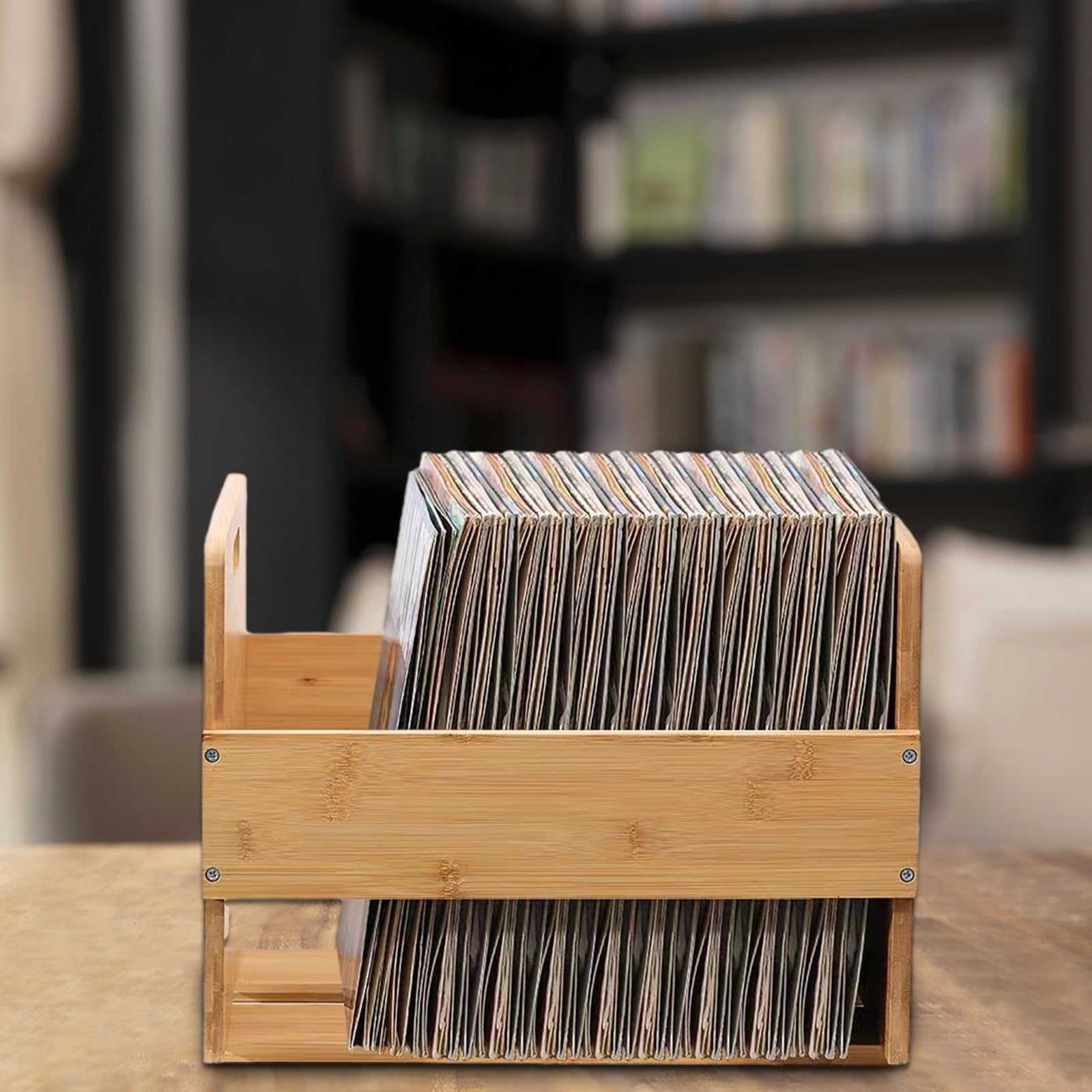 Scatola portaoggetti per dischi grande, 40 x 35,5 x 31,5 cm, in vinile, con manici, scatole in bambù con viti di fissaggio, scatola rustica in vinile per album, audio, riviste, libri