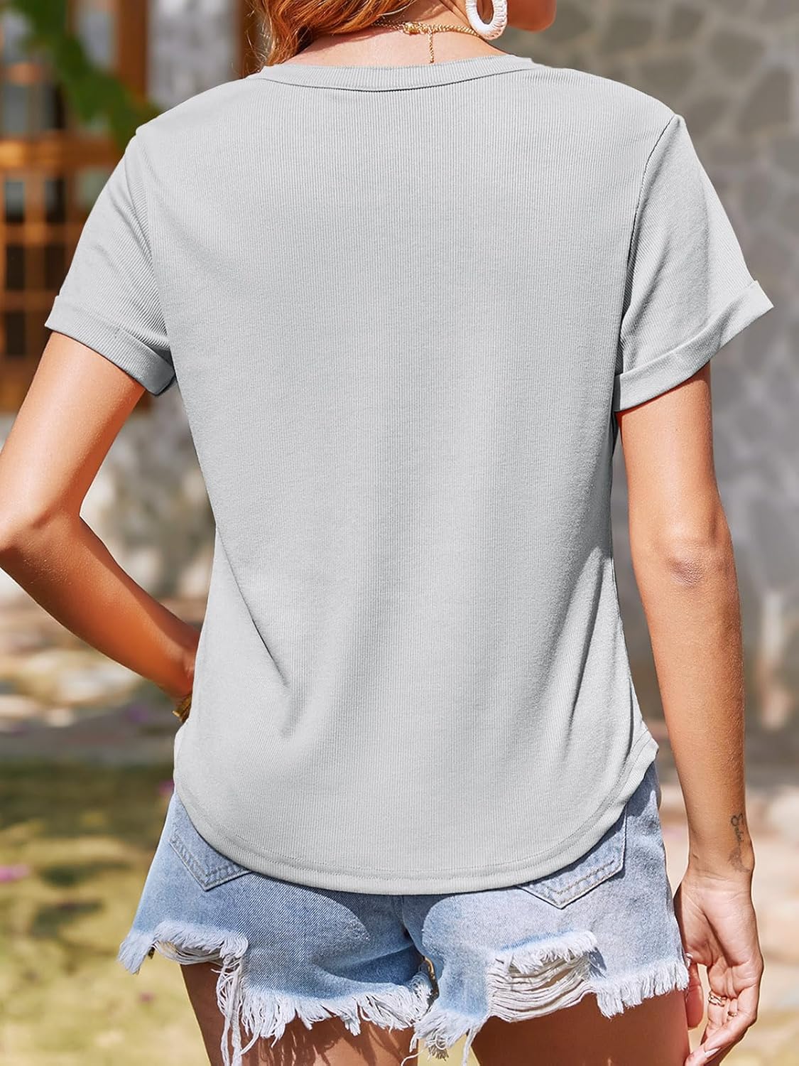 Tankaneo Women Deep V Neck Low Cut Tops Casual Ribbed Knit Henley T-Shirts Summer Short Sleeve Tees - Image 4