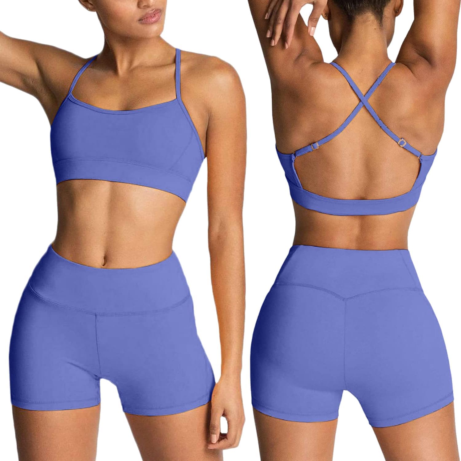 Workout Sets for Women 2 Piece Yoga Outfit Gym Sets Strappy Sports Bras High Waist Biker Shorts Active Wear Athletic Clothes