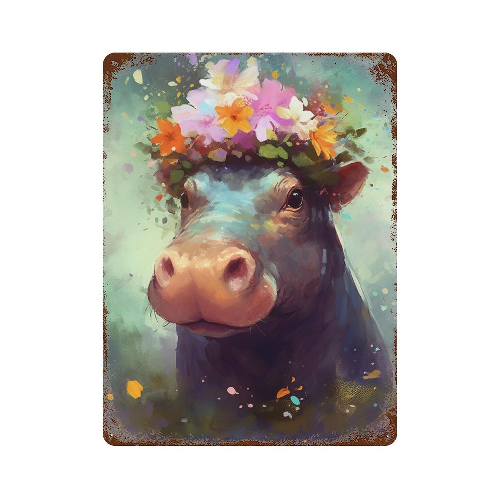 Hippopotamus with Flower Crown Rust Effect Tin Sign 15.7"x11.8", Farmhouse Wall Decor for Living Room, Hallway And Home Decor