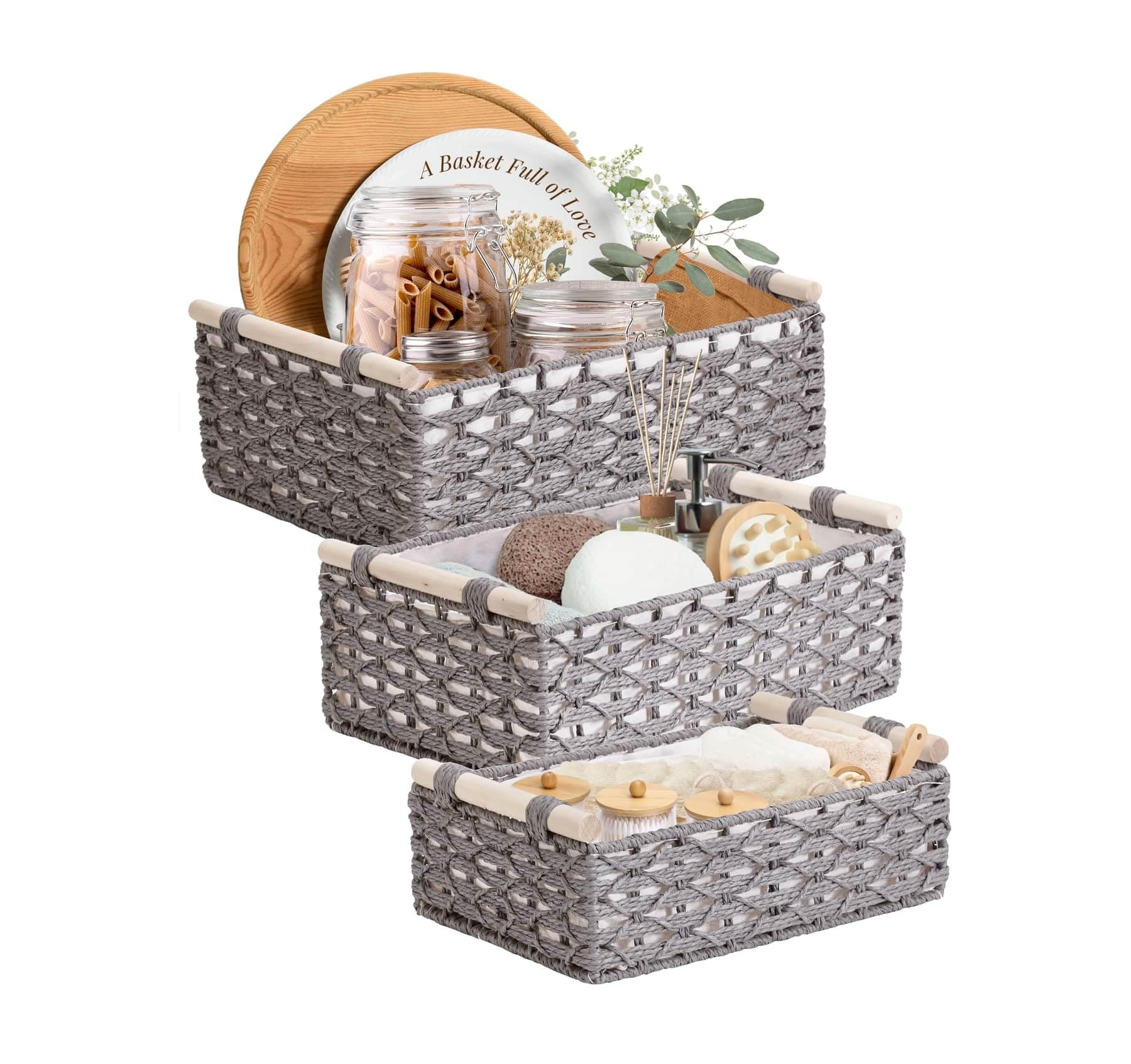 DECOMOMO Bathroom Basket Wicker Storage Baskets for Organizing, Toilet Paper Storage, Countertop, Pantry, Home Décor (Grey – 3 Pack)