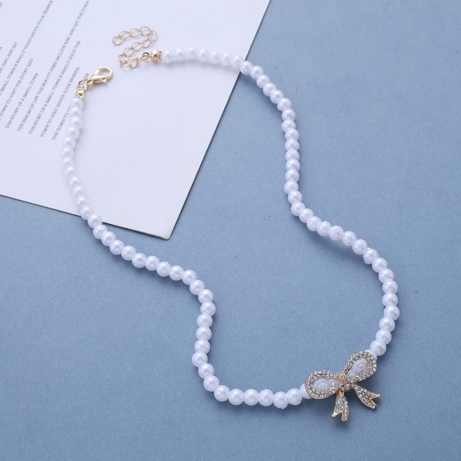 Bohemian Crystal Bow Choker Necklace White Round Pearl Chain Necklaces Gold Cz Bow Tie Pendant Necklaces Rhinestone Bowknot Pearl Collar Necklace Jewelry for Women - Image 4