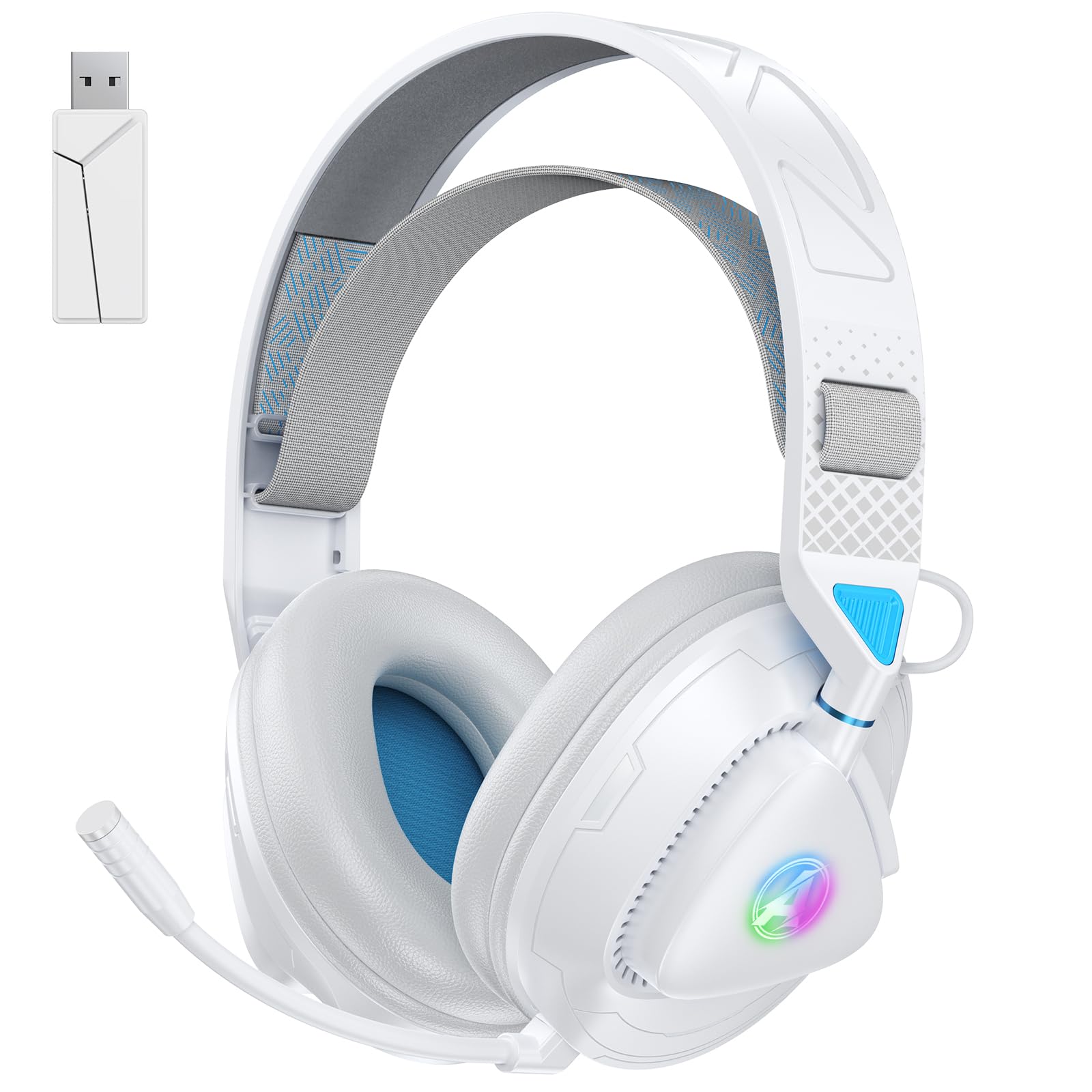Awinnasey PH3 Kabelloses Gaming Headset für PS5, PS4, PC,Bluetooth-Kopfhörer mit 50 Stunden Akku, Gaming-Headset mit Mikrofon mit Geräuschunterdrückung, RGB Licht, Perlweiß