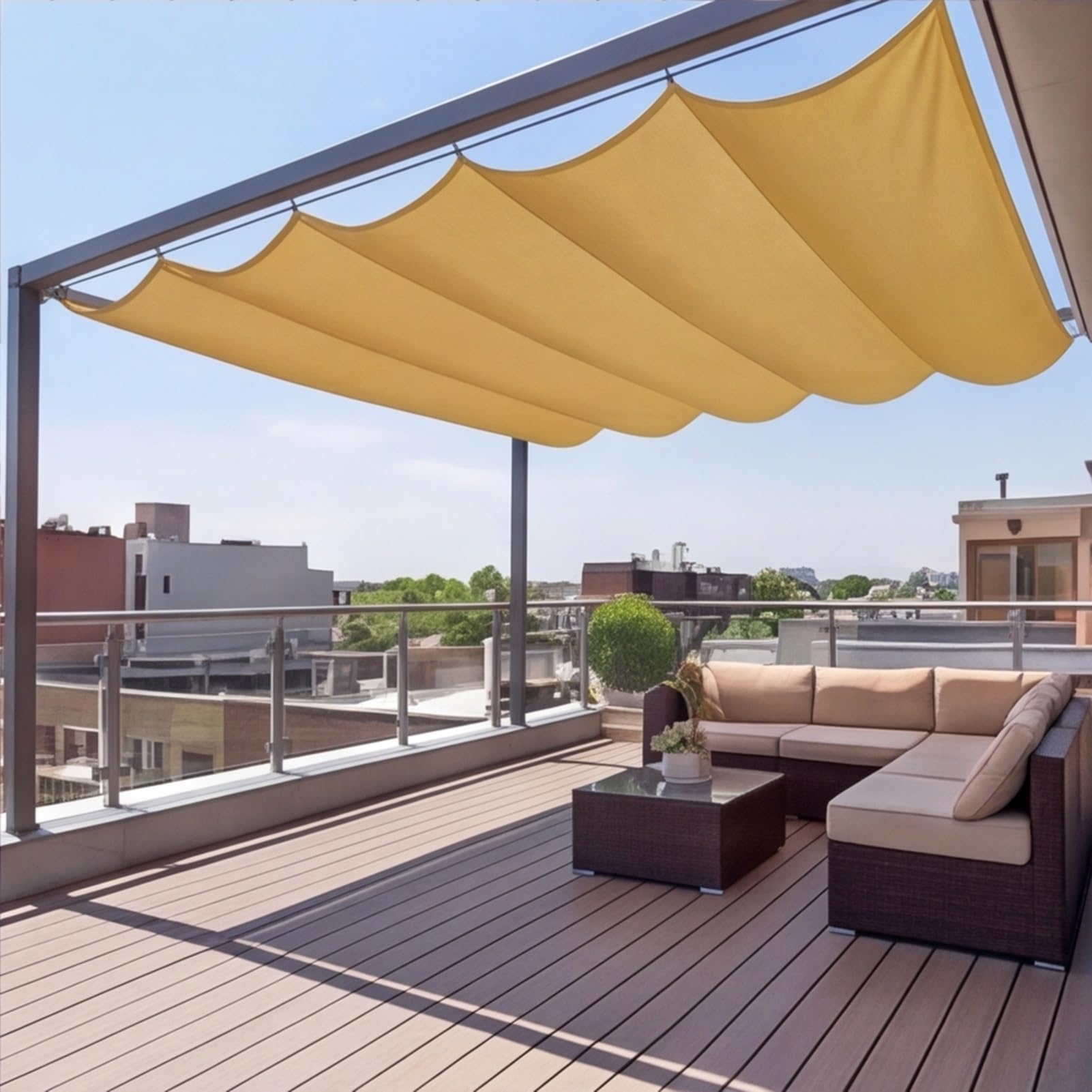 Markiza Wysuwana Świeca Cieniowa 190 x 360 cm Regulowana Pergola Ochrona UV Łatwe do zawieszenia Teleskopowe Fale Cieniowanie Świeca Do Ogrodów Weranda Patio Grill, Złoty