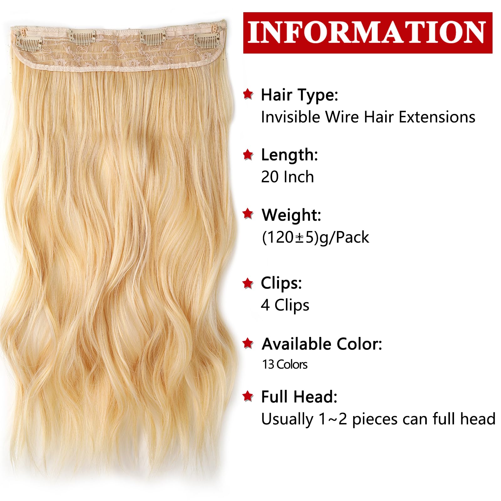 Xtrend 20Inch Invisible Wire Hair Extensions with Transparent Wire Adjustable Size Secure Clips Natural Straight Secret Miracle Hairpiece C8# - Image 2