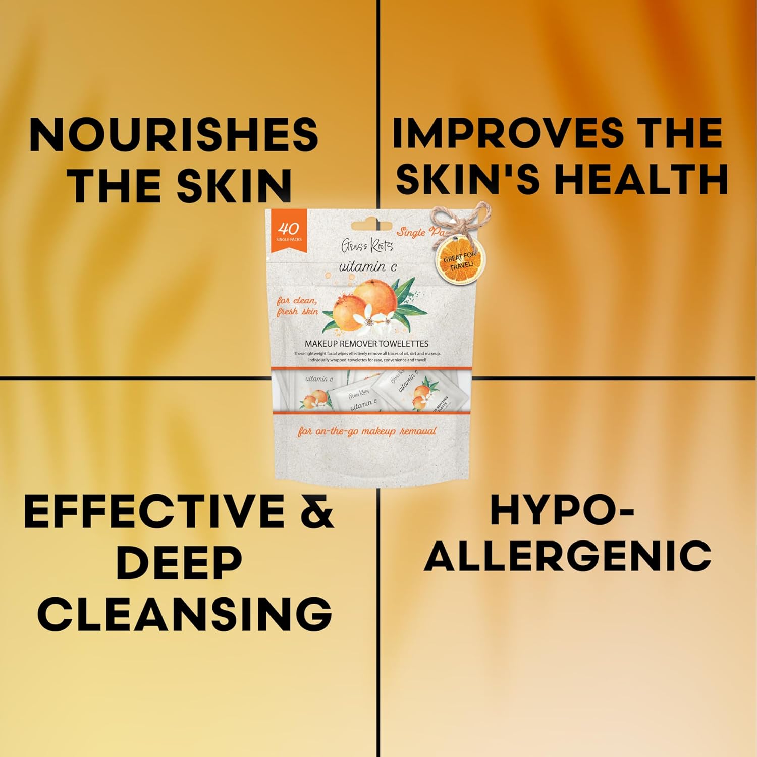 Grass Roots Make Up Remover Wipes for Face - 40 Individually Wrapped Mini Makeup Wipes, Lightweight Travel Makeup Wipes Towelettes for Oil, Dirt & Makeup Removal (Vitamin C)