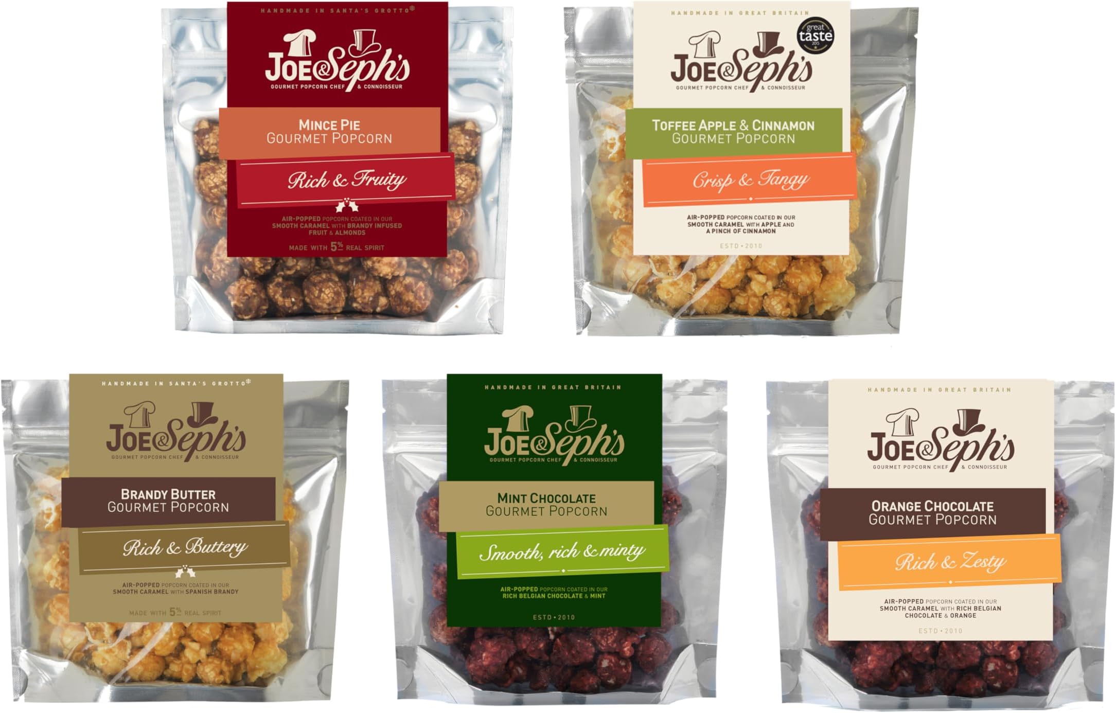 Festive Popcorn Tasting Selection (5x30g) | Mint Chocolate, Mince Pie, Brandy Butter, Toffee Apple & Cinnamon and Orange Chocolate, gourmet popcorn, festive snacks