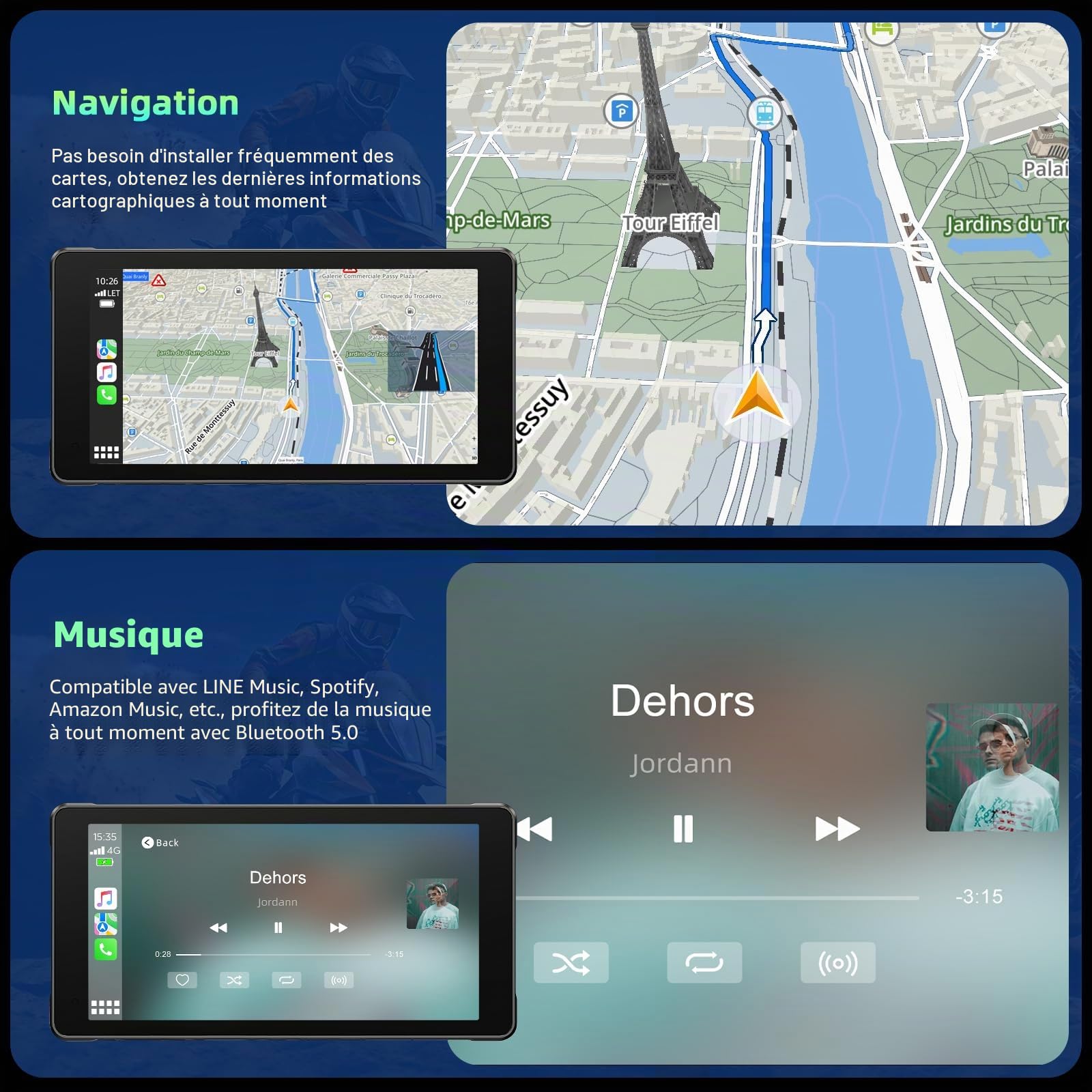 Volam Ecran Carplay Moto, Portable sans Fil Carplay et Android Auto pour Moto avec 2K+1080P Caméra Tableau Bord Avant et Arrière,5,5 Pouces écran Tactile, Navigation, Siri/G-oogle, APP, Carte 64TF