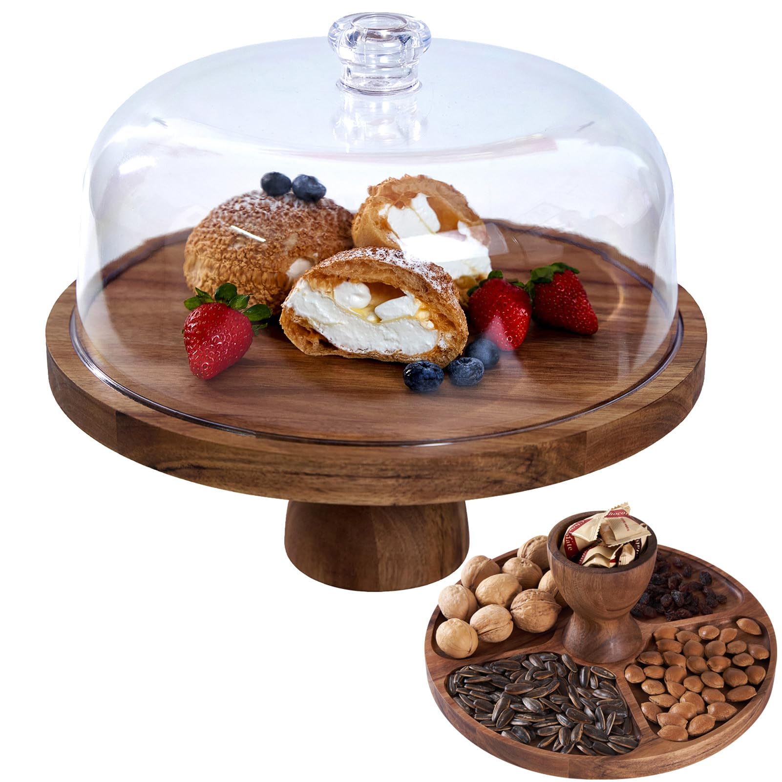 Domary Tortenständer aus Holz mit Deckel, Langlebiges Akazienholz-Display für Kuchen, Party, Obstteller, 30,5 cm, Runder Desserttisch für Küchenzubehör