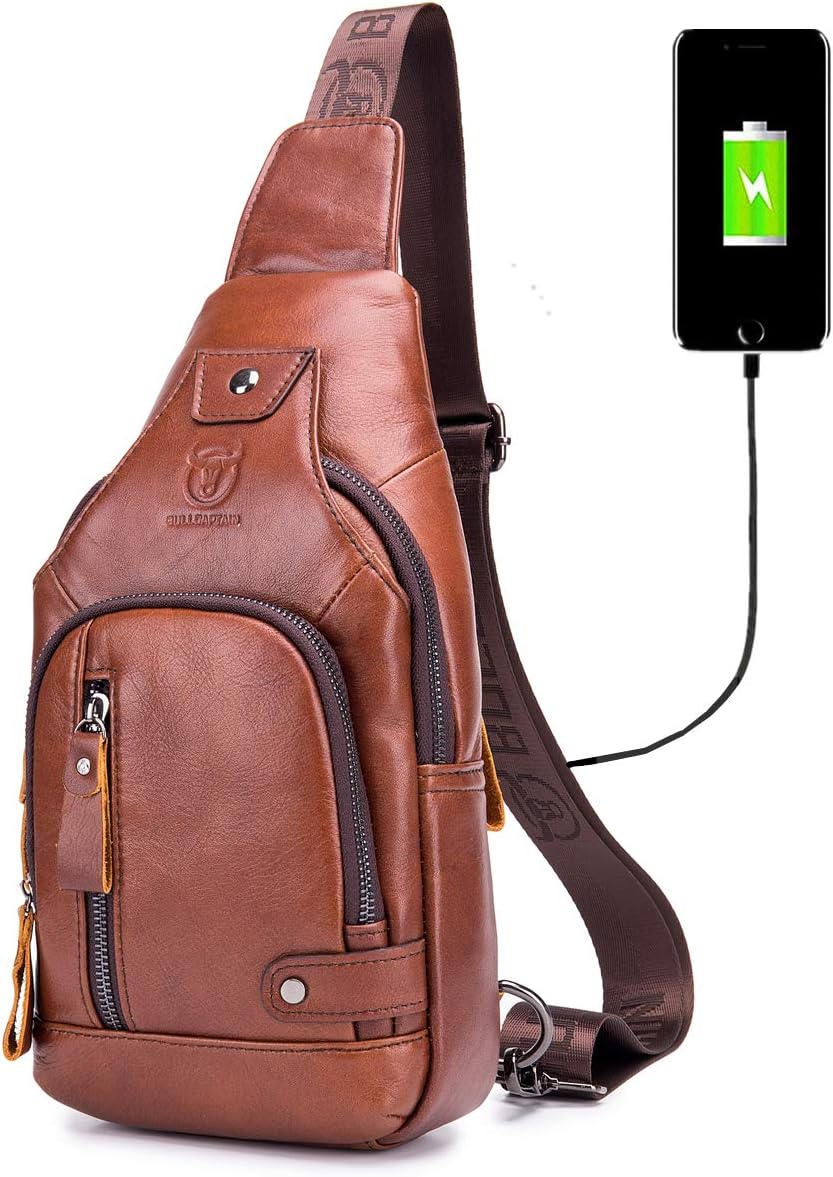 BULLCAPTAIN Sling Bag with USB Charging Port Multi-Pocket Genuine Leather Chest Bag Hiking Travel Daypack XB-129